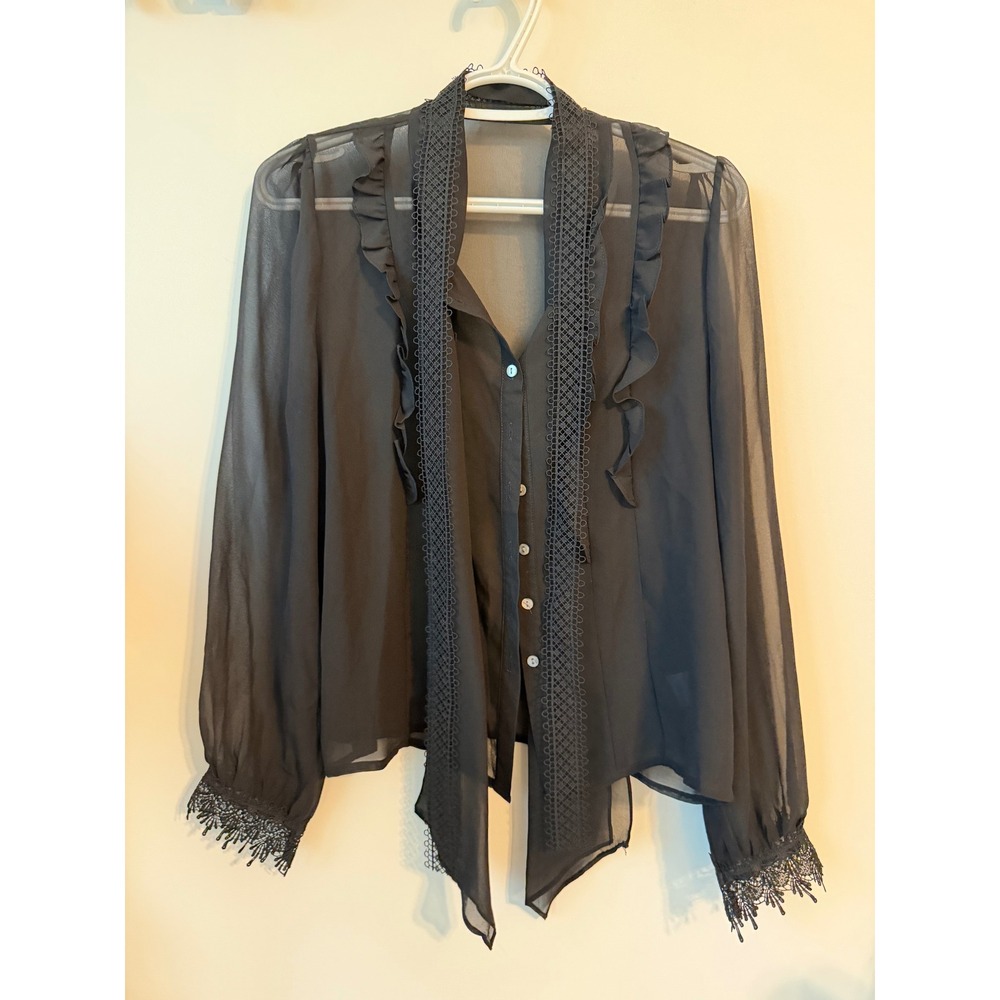 Beulah Black Sheer Ruffle Lace Trim Button Down Blouse CC2295 Medium